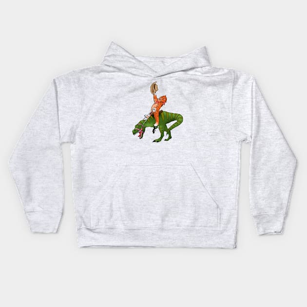 Funny rodeo Cat riding Dinosaur Kids Hoodie by GRADA